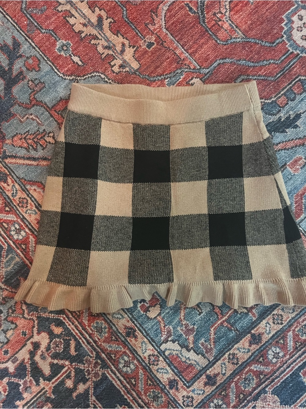 Janie and Jack Tan and Black Check Knit Skirt with Ruffle Hem